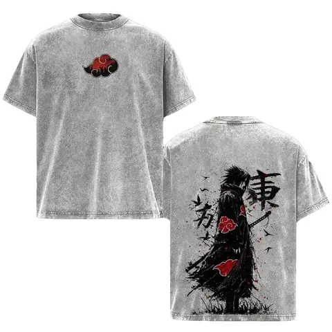 Men's Retro Limited Naruto Sasuke Anime Double-Printed Distressed Crew Neck Heavyweight Cotton Oversize Unisex Short-Sleeve T-Shirt, Gift For Anime Fans
