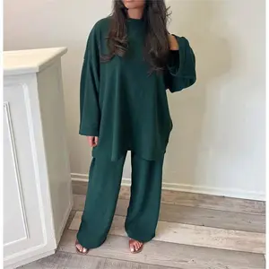 AutumnWinterSolidColorCorduroyPantsSetsWomenLooseLongSleeveWideLegsTrousers2piecesetswomenCommutingClothingSuitsOveralls