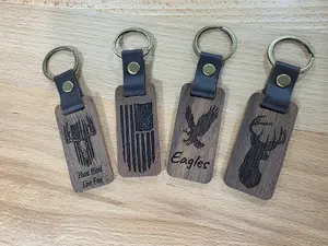 Rustic Laser Engraved Wooden Keychains – with Leather Strap