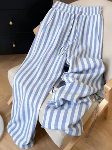 Women's Boho Loose-Fit Striped Wide-Leg Pants, Breathable Summer Chic Style, Versatile for Vacations and Dates, Plain Pattern, Straight Leg