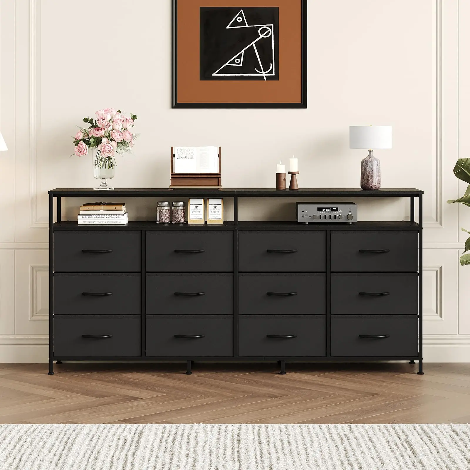 Garvee 63-Inch Fabric Dresser - 12 Drawers, Open Shelves, Long Black Bedroom Dresser for Bedroom, Living Room Storage