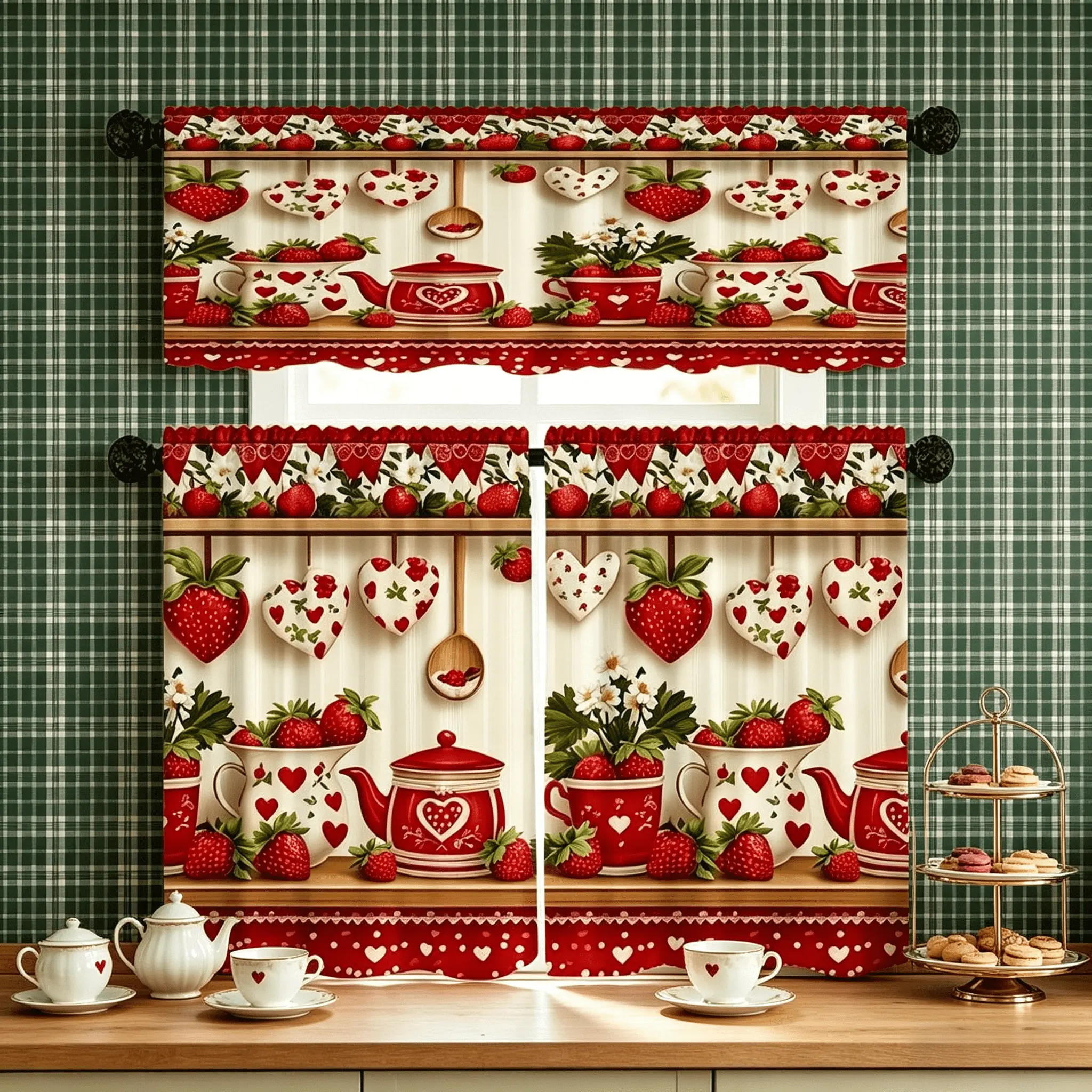 SoftHaven US-Made Vintage Strawberry Cutlery Sheer Polyester Kitchen Curtain Sets - Stain-Resistant, 2m Geometric Classic, Soft on Skin, Polyester PVC, Home Interior Curtains for Kitchen & Living Rooms Household Textiles, Window Covers, Strawberry Charm