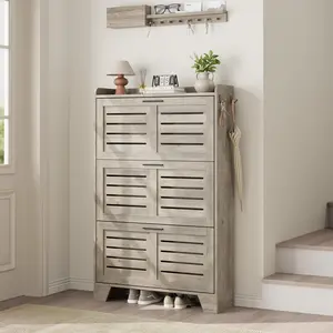 Shoe Cabinet w/3 Flip Drawers,Hidden Shoe Storage Organizer for Entryway,Farmhouse Narrow Slim Shoe Rack Cabinet w/2 Hooks for Front Door Entrance,Living Room,Hallway