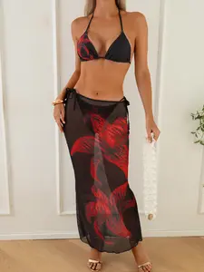 2026 Summer Black Red Lily Print 3 Piece Triangle Halter Bikini Set for Women Tie Side Bottom with Sheer Mesh Maxi Cover Up Skirt Removable Padded Cups Tummy Control Flattering Bathing Suit Beach Vacation Pool Party Swimwear