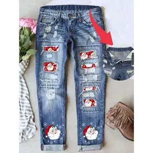 Women's Christmas fashion printed denim jeans boyfriend casual fit style washed pleated design elastic waistband long comfortable breathable fabric perfect fit pantsRAIMENTRY