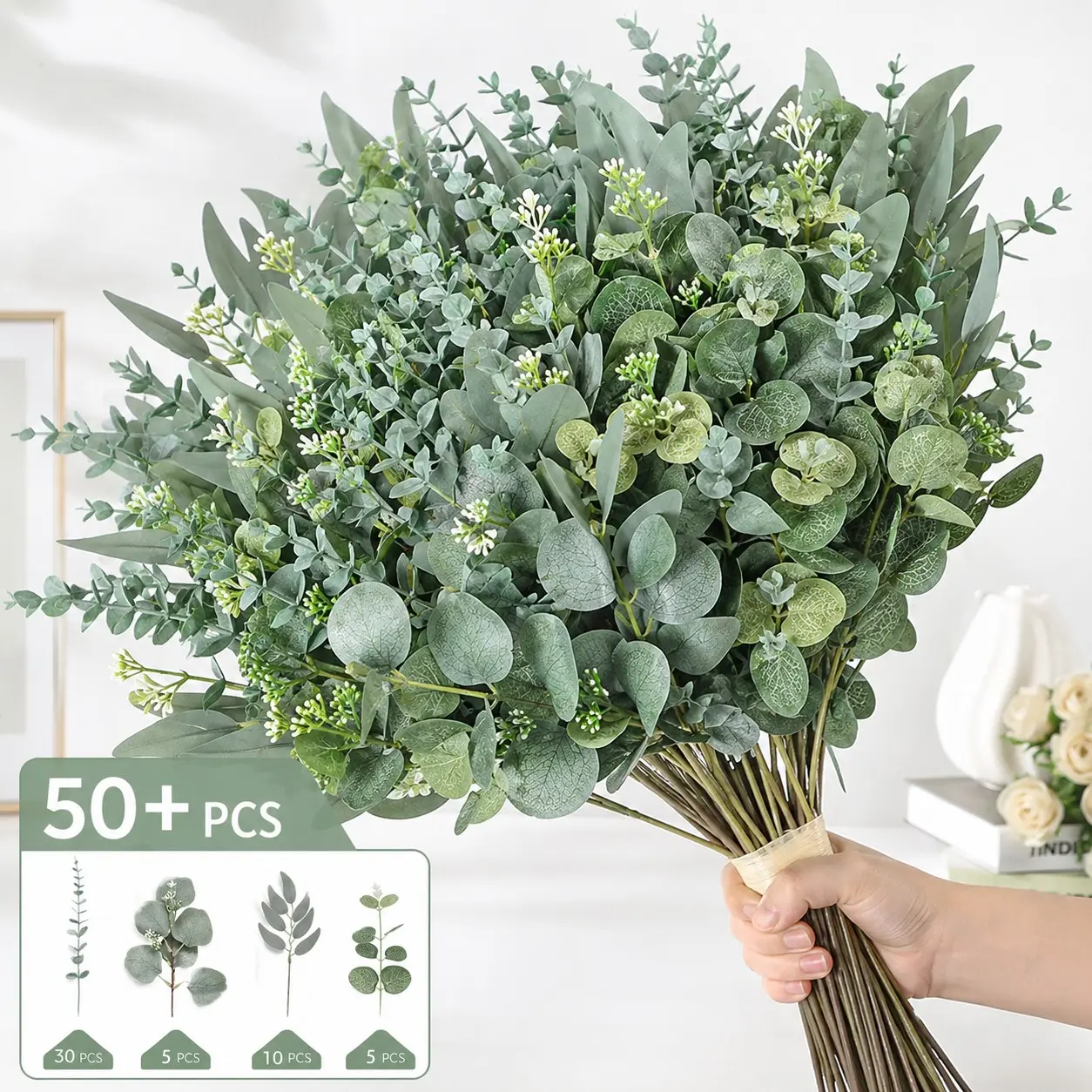 50 Bundles Artificial Leaf Bouquets, Eucalyptus/linden/money Leaves, Wedding Party Decor, Home Decoration, Fake Plant Decoration, Vase Arrangements, Festive Gifts, Plants, Artificial Simulation Plant