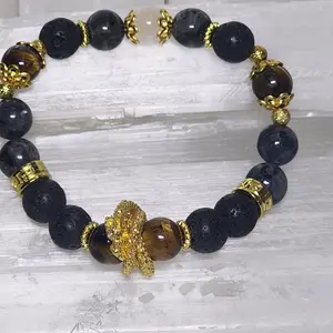 Lava Crafted Unisex Bracelet with Tiger Eye Larvikite & Selenite Unique Design Dark Color Palette Grounding Calming Properties