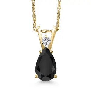 Gem Stone King 14K Yellow Gold Black Onyx and Lab Grown Diamond Pendant Necklace for Women | 0.87 Cttw | Gemstone December Birthstone | Pear Shape 8X5MM | With 18 Inch Chain