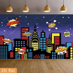 2D Flat Banner Polyester Photography Backdrop, HD Digitally Printed Comic City Skyline Night Sky Background with Graphic Sound Effects, Soft Lightweight Foldable Photo Booth Studio Background for Parties, Birthdays, Events, Portra