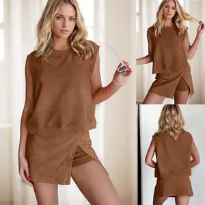 Women's 2 Piece Set Mineral Washed Cotton Loungewear Set Summer Tank Top Lined Split Athletic Skirt Suits