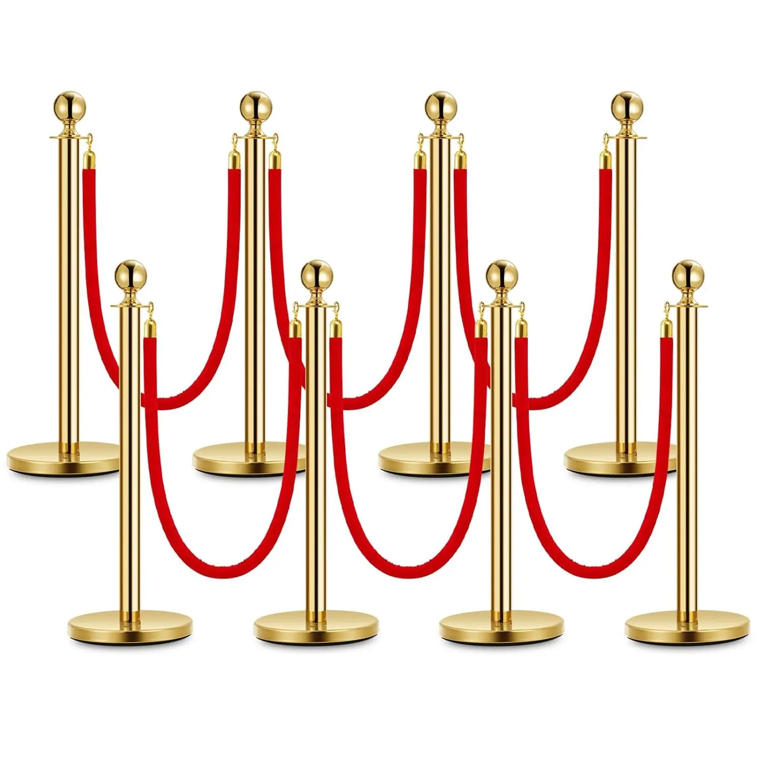 GARVEE Set of 8 Gold Stainless Steel Stanchion Posts with Hollow Bases and 5 FT Red Velvet Ropes - Safety Barriers and Poles for Party, Event, and Carpet Runner Management
