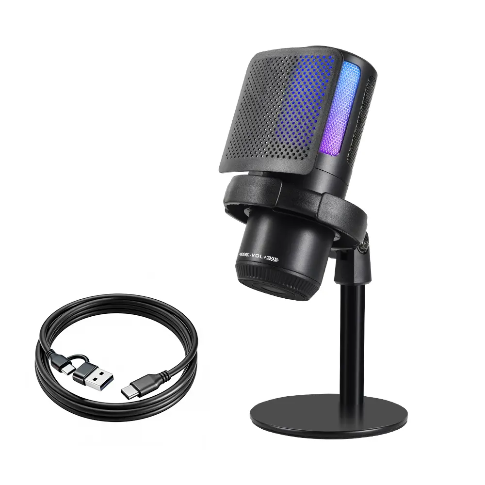 PC Gaming Noise-Canceling Condenser Microphone with RGB Light Mute Gain Compatible with Phones and Computers USB Type-C Dual Plug for Live Streaming Recording Podcast Chat  #Summervibes