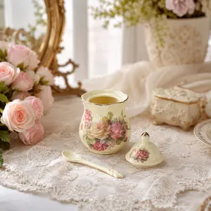 Vintage Floral Ceramic Sugar Bowl Set, 300ML Ivory with Lid and Spoon, Gold Trim Coffee Tea Utensil Storage Jar