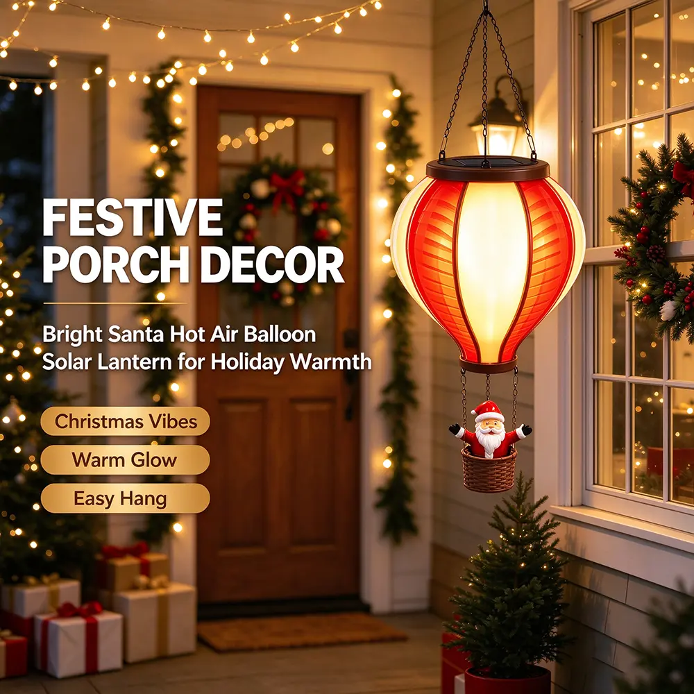 1/2pcs  Solar Powered Hot Air Balloon Christmas Lantern with Santa, IP65Waterproof Outdoor Hanging LED Lamp, Warm Glow Xmas Ornament Light for Garden, Yard, Patio, Tree Hanging Holiday Decoration