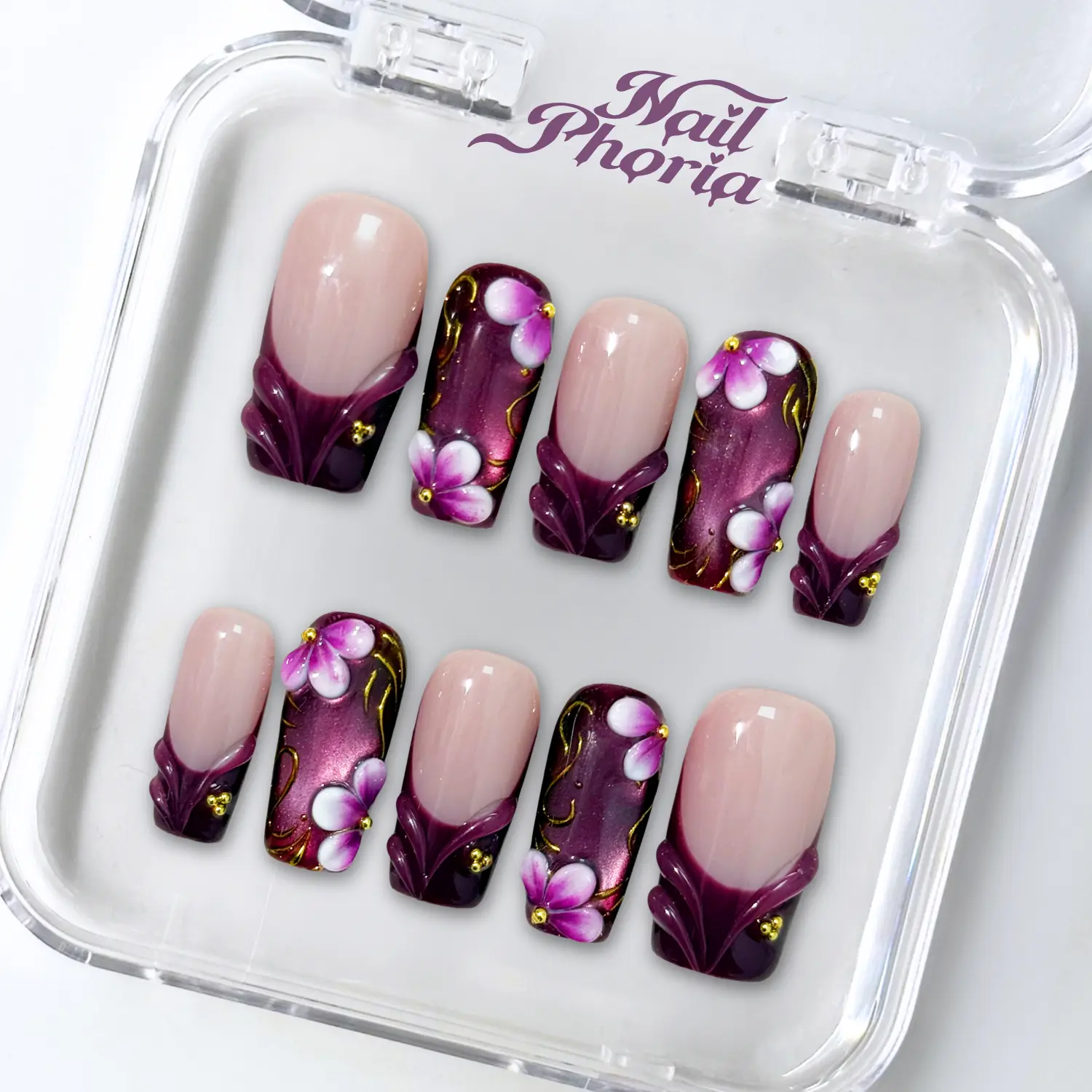 NailPhoria PLUM MERCURY -SUMMER Handmade Press-On Nails | Reusable, Salon-Quality, Long-Lasting, Glossy Design