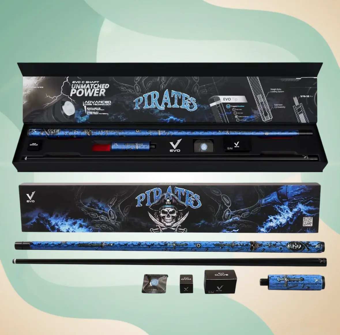 EVO Pirates Maxbing Edition: Sea Wrath – Premium Glassfiber Cue with Carbon-Glass Butt, EVO 12.5mm Tip, Thin Conical Taper, 5/16-18 Joint, 19–19.5oz | Complete Kit: 4" Extension, Time Tip, Glove, Chalk, Joint Protector