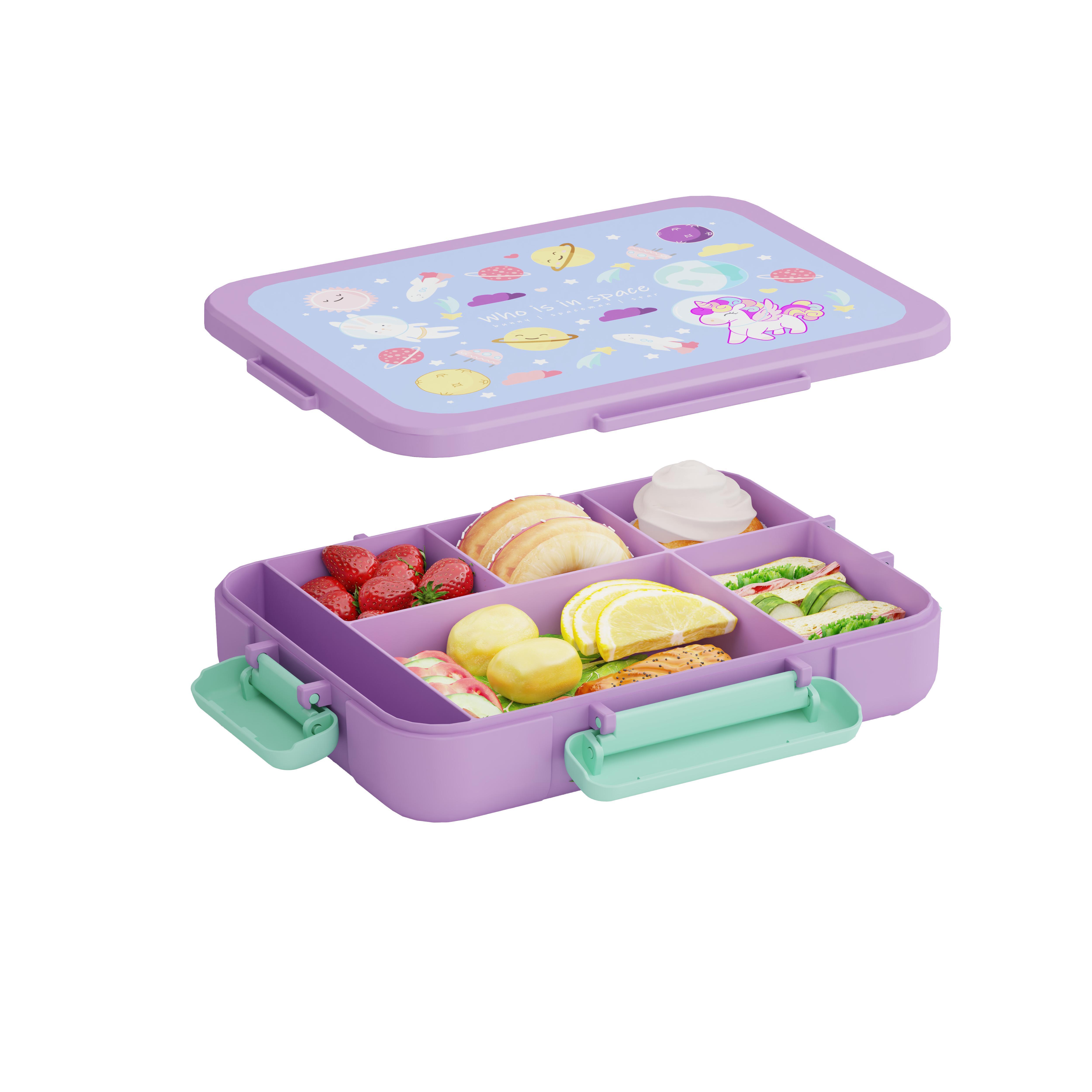 Kids Bento Box, 5 Compartments Leakproof LunchContainers with Tableware & Sauce Box, Microwave &Dishwasher & Freezer Safe, BPA Free, 40oz (Purple&Blue)
