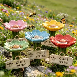 5PCS Bee Watering Station for Garden Flower-Shaped Ceramic Cups for Bee Drinking Bee and Butterfly Outdoor Feeder Outdoor Pollinator Water Bowl with Textured Center