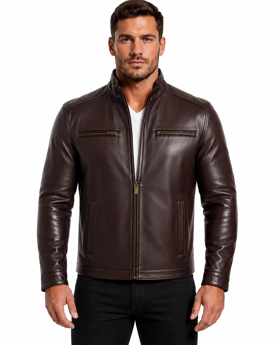Men's Casual Genuine Lambskin Leather Jacket, Straight Fit Winter Menswear Coat with a Stand-Up Collar and Removable Zip-Out Lining, Coats, Full Zipper, Generous Cut, Inside Pockets, Collared Neck, Durable And Luxurious Softness, Elegant