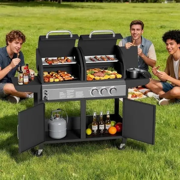 Sturdy Dual Fuel Gas and Charcoal Grill Combo - 24,000 BTU BBQ with 8,000 BTU Side Burner, 3 Disposable Components, Stainless Steel Outdoor Grill Cart, Storage Cabinet & Wheels for Backyard, Patio