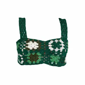 Handmade Crochet Granny Square Crop Top Green Boho Festival Knit Tank