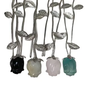 Natural Crystal Rose Carvings on Silver Stems Variety of Materials 6inches Tall Decorative Ornaments