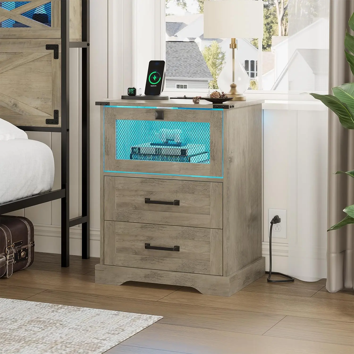 Hasuit Farmhouse Night Stand with LED Lights, Charging Station, 2 Drawers & Wire Mesh Door Cubby - Rustic Oak Indoor Furniture for Bedroom, Bedroom Decor Bedside End Table