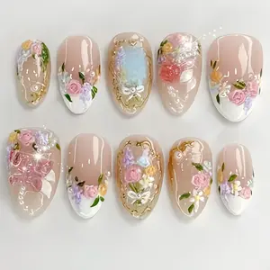 30 Pcs Spring Summer Almond Shape Floral Rose Lavender DIY Nail Art Stickers, Frame Bow Glitter Rhinestone French Style, Reusable Glossy False Press-On Nails