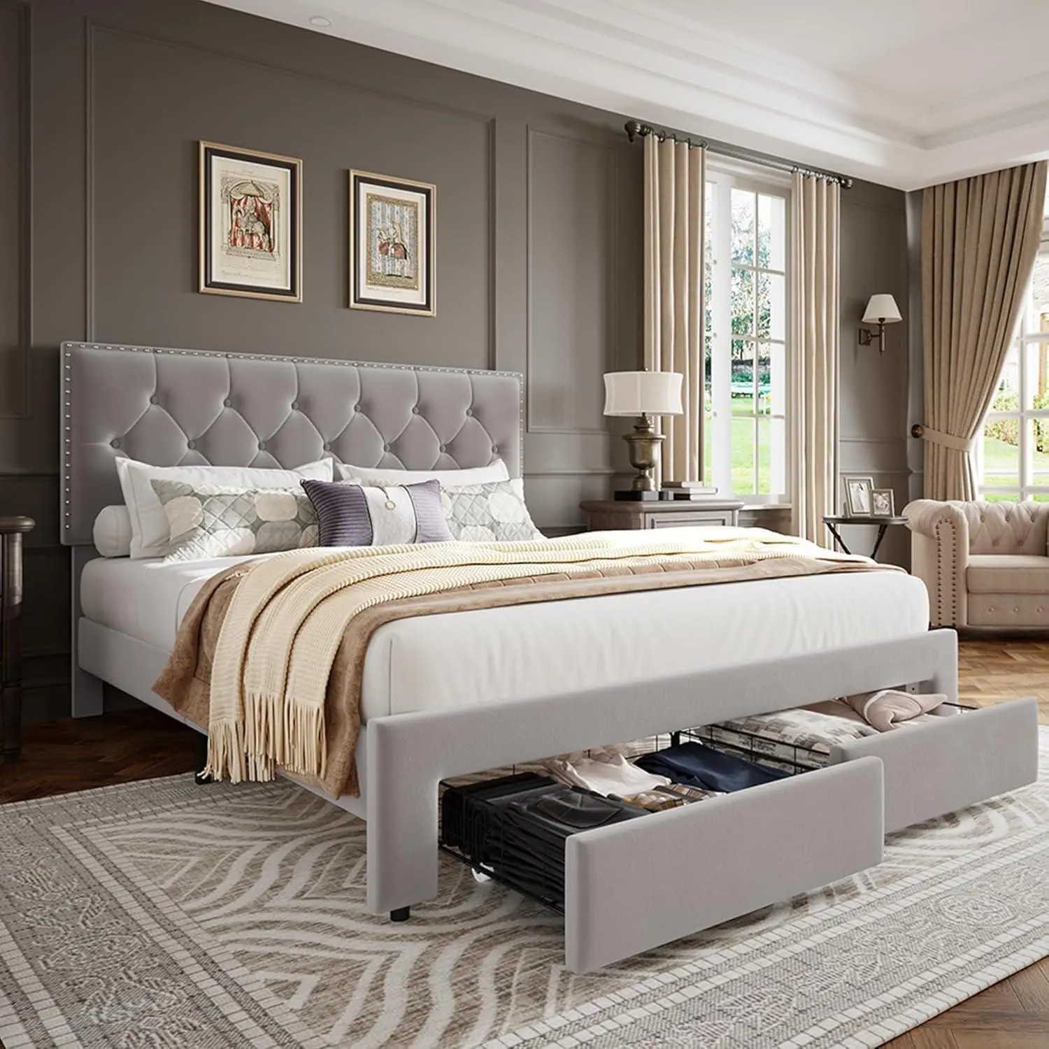 Full Size Bed Frame with 2 Storage Drawers  Wooden Slat Support  Vintage Velvet Upholstered Bedframe with Button Tufted Wingback Headboard  No Box Spring Needed Noise Free Beige