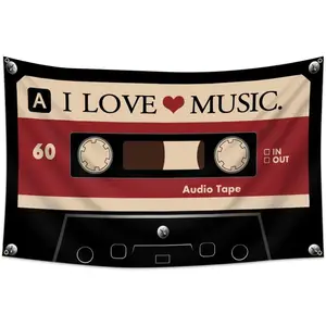 I LOVE MUSIC Flag 3x5 Ft - Y2K Grunge Decor Downtown Girl Aesthetic, Vintage Cassette Tape Tapestry for Bedroom, Retro 90s Indie Alt Scene Wall Banner with 4 Grommets for Teen Girls Dormchic design  room bedroom
