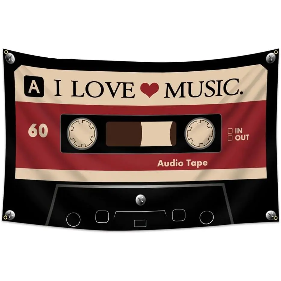I LOVE MUSIC Flag 3x5 Ft - Y2K Grunge Decor Downtown Girl Aesthetic, Vintage Cassette Tape Tapestry for Bedroom, Retro 90s Indie Alt Scene Wall Banner with 4 Grommets for Teen Girls Dormchic design  room bedroom