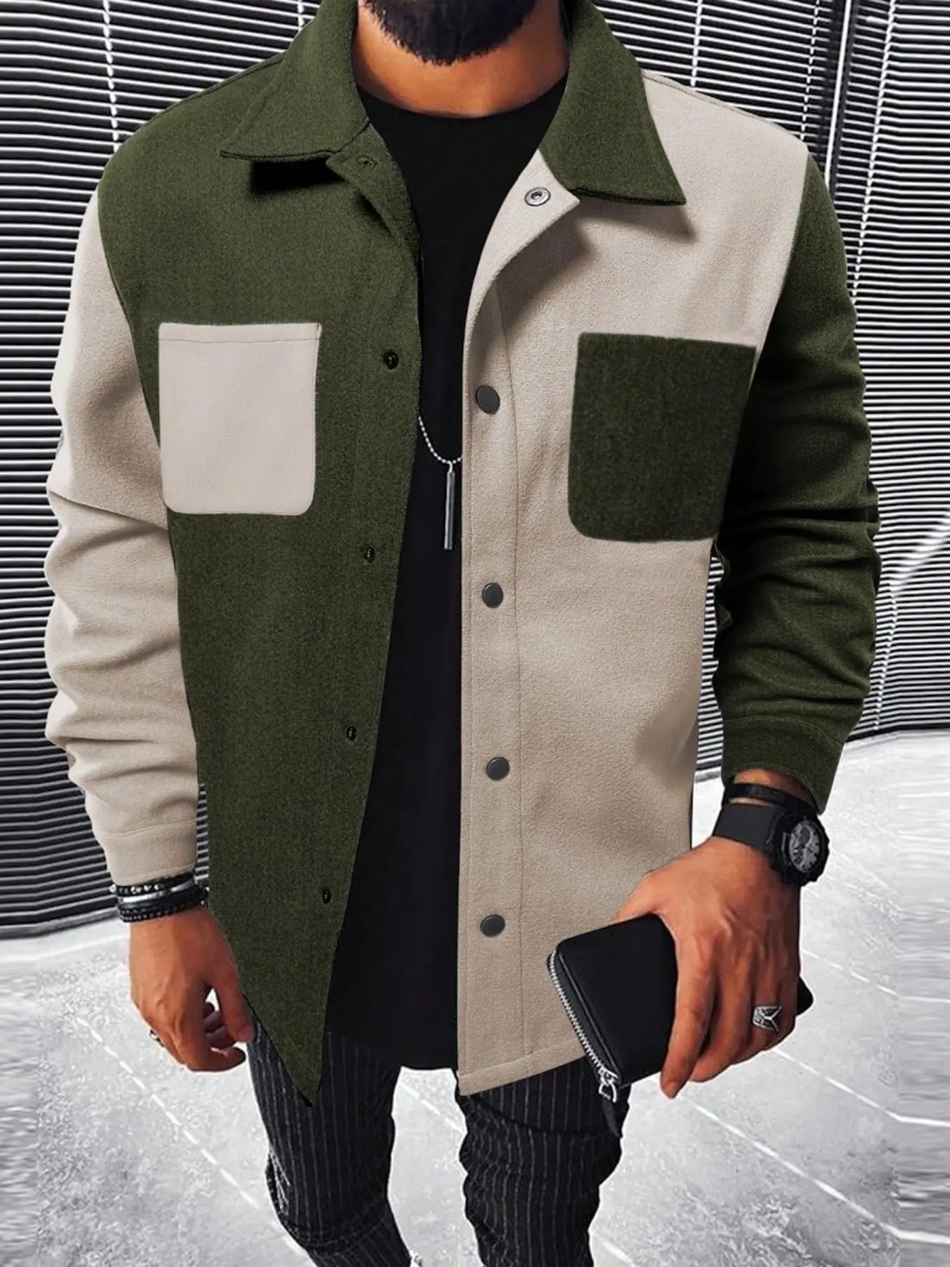 Men's Colorblock Jacket, Casual Long Sleeve Outerwear, Fashionable Autumn Winter Wear, Stylish Men's Clothing for Daily Use