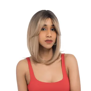 13-Inch Ash Cinnamon Blonde Ombre (Dark Brown Roots) Straight Synthetic Wig | 【Heat Resistant】【Cap Included】 | FSGA