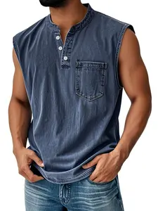 Men's summer solid color vintage vest T-shirt, button-up stand collar sleeveless vest, casual versatile polo shirt for men