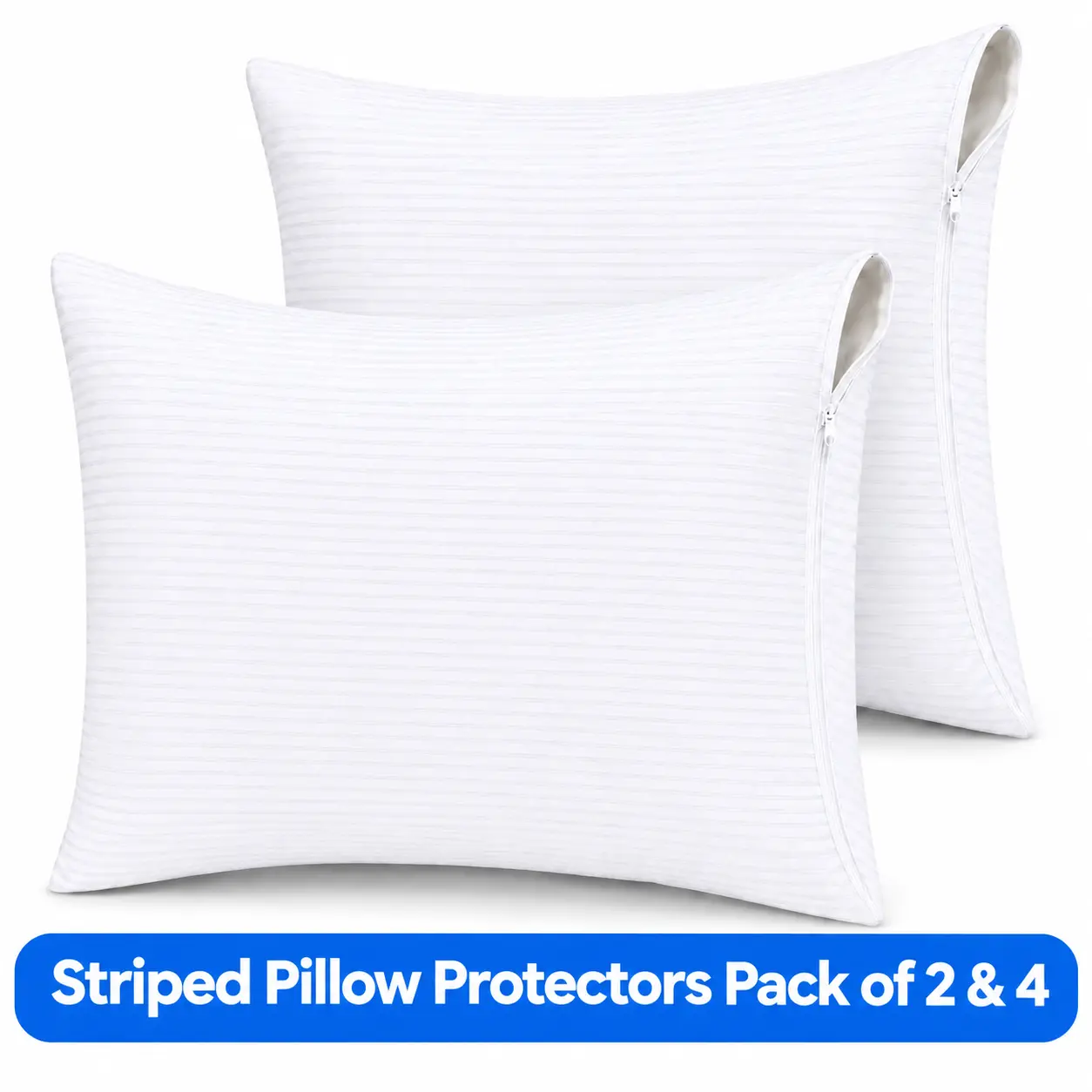 2/4 Pack Premium Striped Pillow Protectors - Zippered, Ultra-Soft, Waterproof, Breathable, Noiseless, Dust Mite-Proof, Machine-Washable Bedding Covers (Standard, Queen, King Sizes)