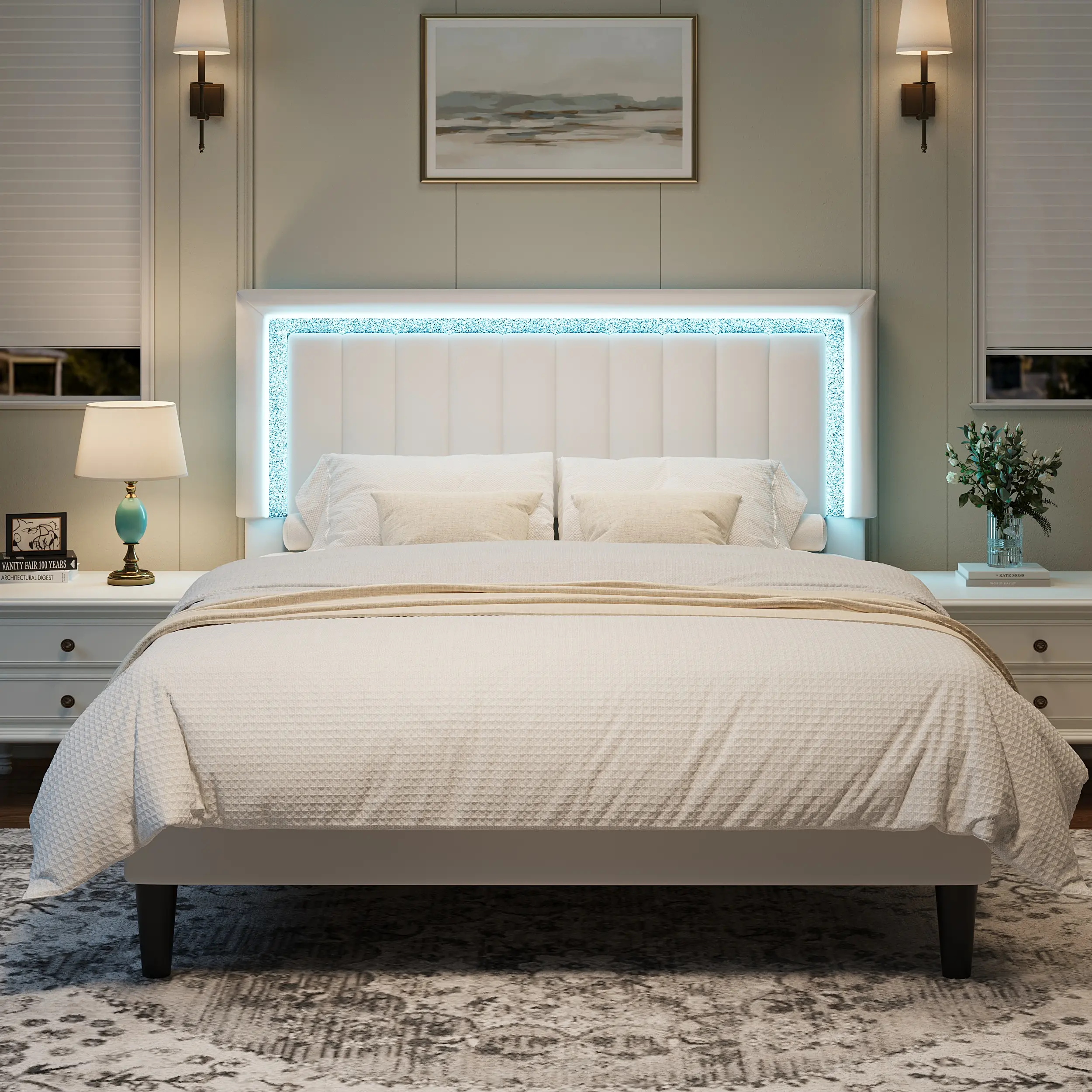 MUTICOR  Channel Tufting Velvet Platform Bed with LED  – Adjustable Headboard, Durable Wood Support, No Box Spring (Fits Full/Queen/King) – Available in Pink, White, & Black
