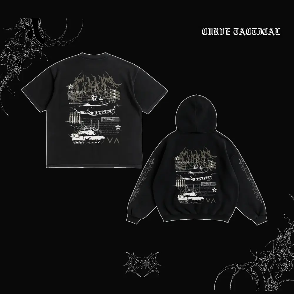 Curve Tactical M1A2 Abrams Tank Hoodie T-Shirt Men Women Oversized Streetwear Military Army Blueprint Graphic Print Gothic Metal Font Y2K Black Pullover Sweatshirt Unisex