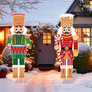 2Pcs Nutcracker Soldier Garden Stake -2D Flat Outdoor Plastic Stake/Christmas Lawn, Courtyard and Party Decoration, with Candy Vine shaped Base, Nutcracker March Design (Green/Red/Gold) - Easy to Install Stake for Porches and Holiday Doors