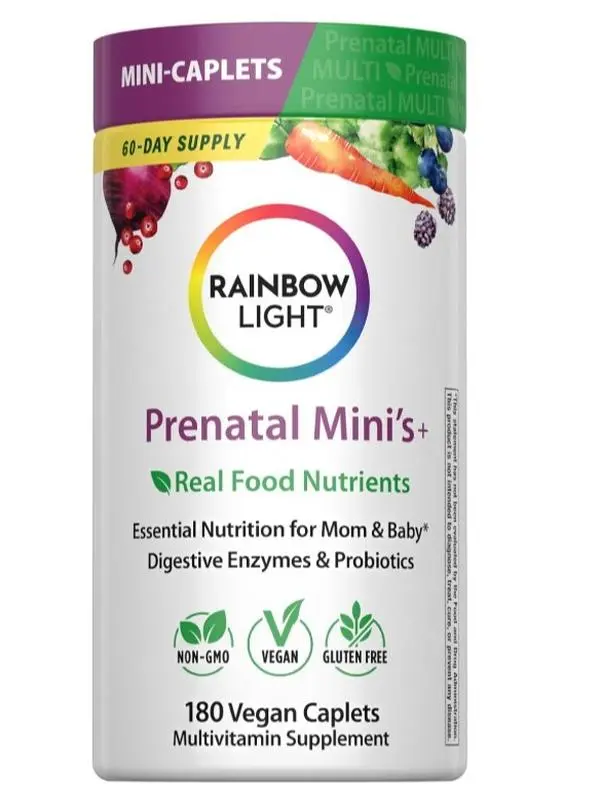 Rainbow Light Prenatal + Multivitamin for Women | 180 Vegan Caplets | Essential Nutrition for Mom & Baby | Real Food Nutrients, Digestive Enzymes, & Probiotics