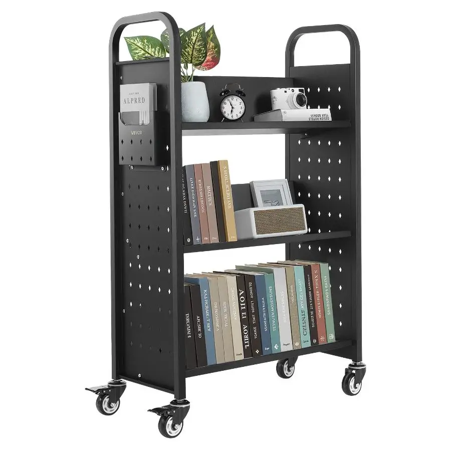VEVOR Rolling Library Book Cart Organiser, 330 lbs (above 25 kg) Capacity, 30.3x15x48.0-in Rectangle Shelves, Single-Sided V-Shaped Shelves with 3-in Lockable Wheels, Books Transport for Study & Office, Black