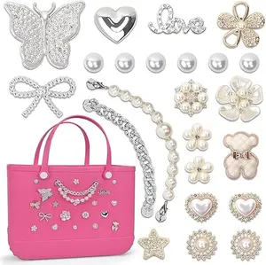 23-piece pearl charm collection with butterfly, floral, bow, chain accents; decorative inserts for rubber beach totes, stylish Valentine’s gift option