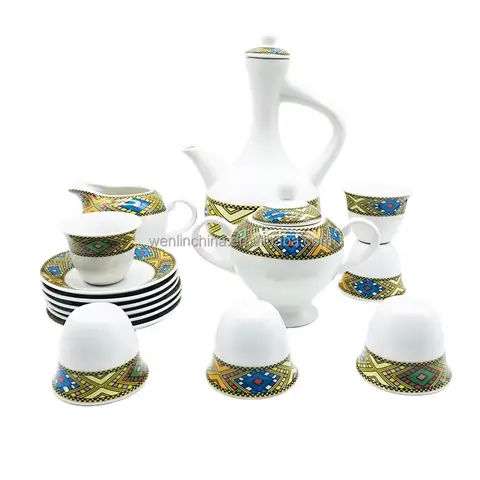 Timeless Habesha Coffee Set, Traditional Tilét Design, 29-Piece Porcelain Cups. (Modern, Sebab)