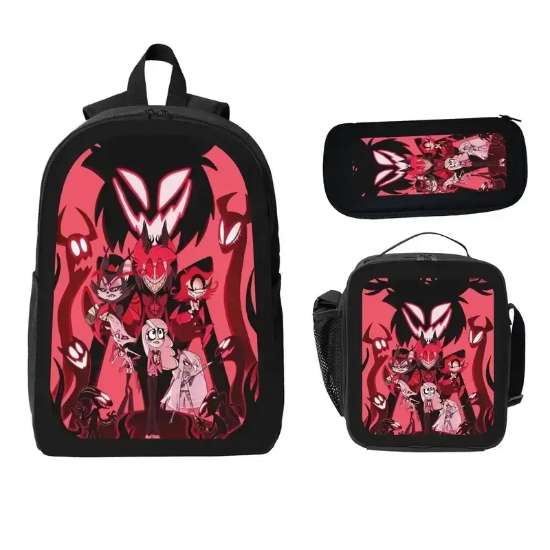 Unisex Hazbin Hotel Anime Artwork 3-Piece Gym Backpack Set - Durable School Bookbag, Insulated Lunch Box, Pencil Case for Teens Back to School, Three Piece Sets