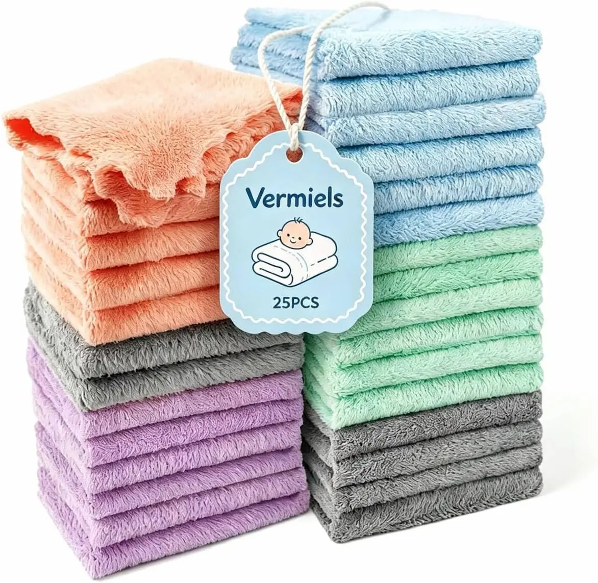 25 Pack Baby Washcloths, Ultra Soft Coral Fleece Baby Wash Cloths, Reusable Infant Face Towels, Absorbent Newborn Bath Cloths, Baby Burp Cloths for Feeding, Bathing & Wiping, 9 x 7 Inch, Multicolor