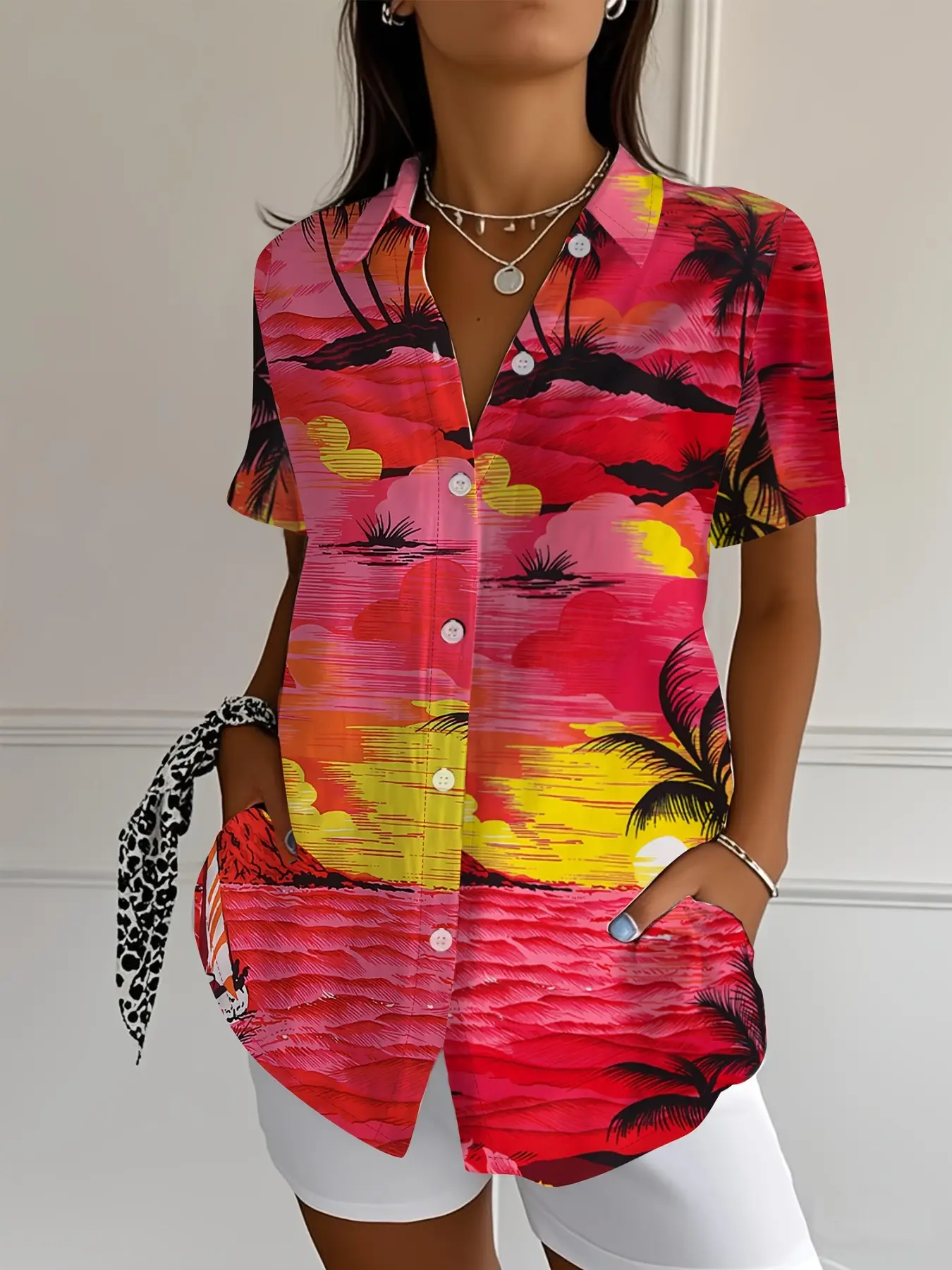Women's Hawaiian Tropical Shirt, Blouse, Short Sleeve Loose Fit, Casual, Vibrant Sunset Palm Tree Pattern Print, Perfect for Beach Vacation, All Seasons