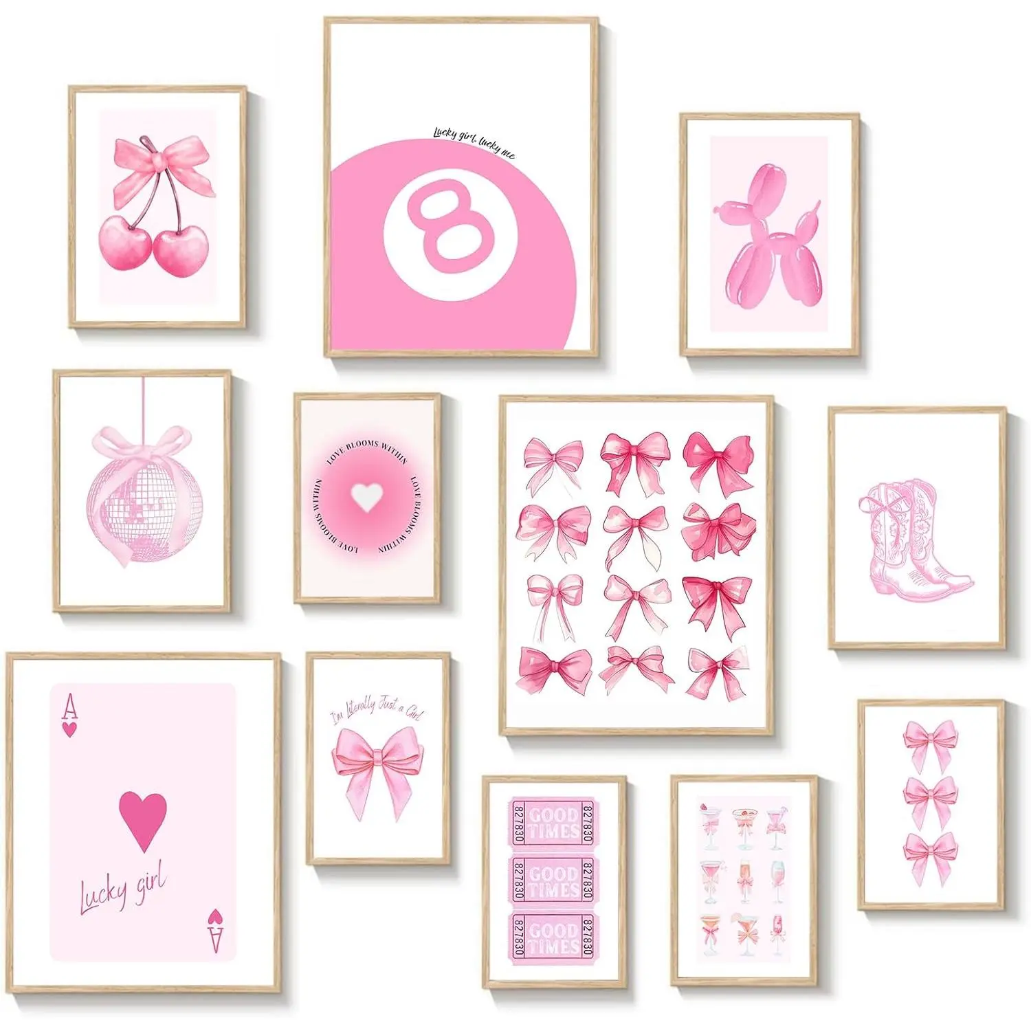 Unframed Pink Retro Cowboy Wall Art Prints Set - Aesthetic Bow Disco 8 Ball, Cherry Designs - 12 Pieces for Full Wall Mix, Flat-Pack Bags Protect Art for Teen Girls Bedroom Dorm Decor