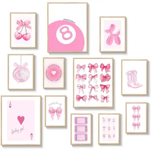 Pink  Room Decor, Cute  Poster Wall Decor, Aesthetic Pink Bow Disco 8 Ball Home Decor, Cherry Wall Art Prints Posters for Teen Girls Bedroom Dorm Decorations (Unframed)