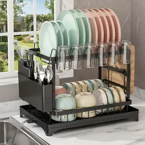 2-Tier Dish Drying Rack for Kitchen Counter Stainless Steel Rustproof Drainer Organizer with Removable Cutlery Basket for Knives Cups & Cutting Board Black Bowl and Dish Drying Rack 2-Layer Design