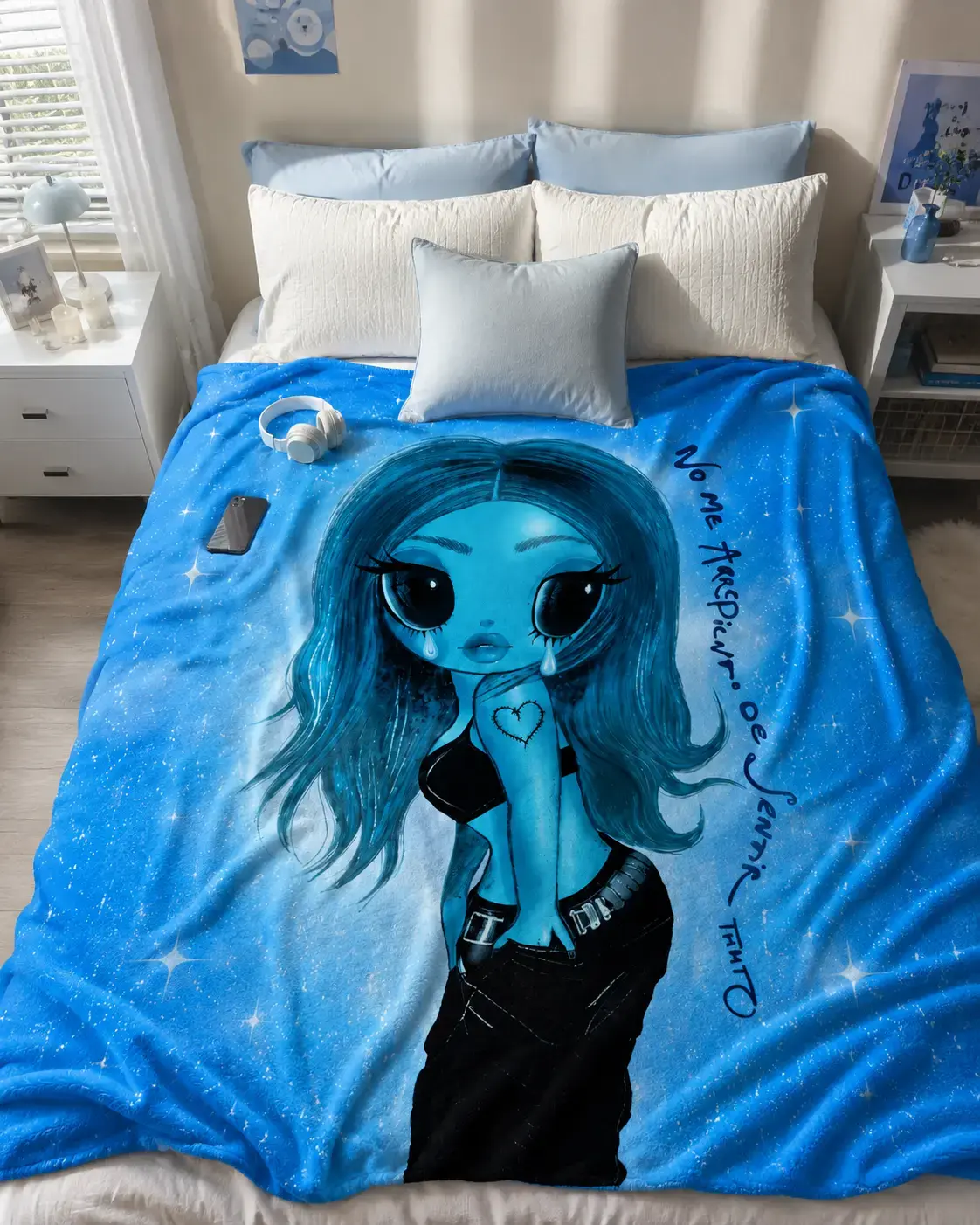 Blue Music Aesthetic Plush Flannel Blanket, Cartoon Girl Star Print Soft Throw Blanket for Bed Couch Sofa, Cozy Y2K Room Decor Gift