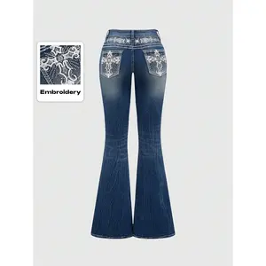 Y2K Vintage Millennium Sexy Pocket Cross Wings Embroidery Women's Slim Flared Jeans,Ladies Button,Pocket,Zipper Drop Waist Flare Leg Long Navy Blue Curvy Skinny Women Jeans,Spring/Fall,Casual Daily Wear Fabric Fit